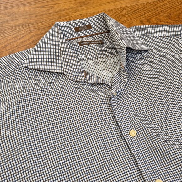 Peter Millar Dress Shirt Mens Medium Blue Brown Check Long Sleeve Button Up - Picture 1 of 8